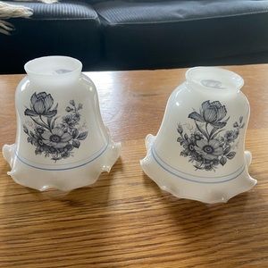 2 Vintage Milk Glass Blue Floral Shades
